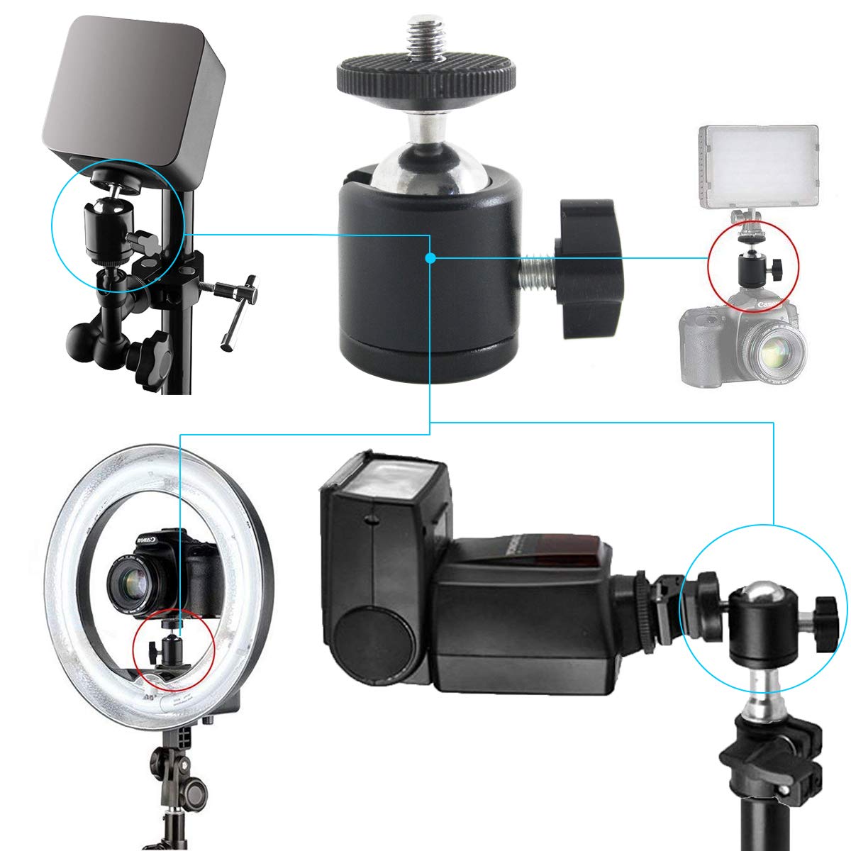 EXMAX 360 Degree Aluminum Alloy Body Rotating Swivel Mini Tripod Ball Head with 1/4" Screw Thread Base Mount for Lighter DSLR Camera Camcorder LED