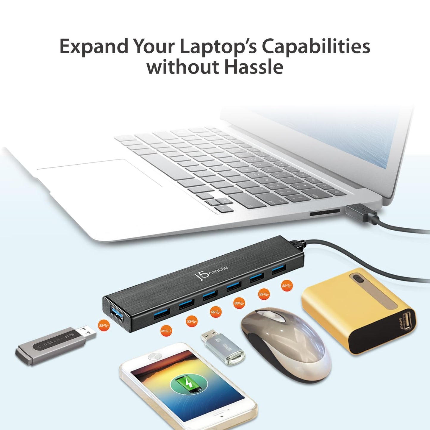 j5create 7-Port Powered USB 3.0 20W Data Hub with 3.3 ft Extended Cable