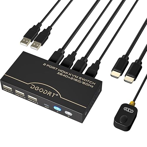 4K KVM Switch, HDMI USB Switch for 2 Computer Share 1 Monitor and 3 USB Devices Support 4K@60Hz, Including 2 HDMI Cable and 2 USB Cable