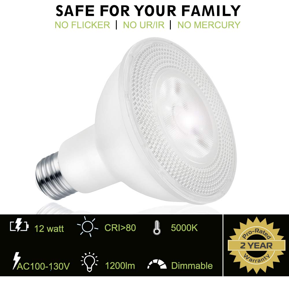 KENESCALR PAR30 LED Long Neck Flood Light Bulbs, 5000K Daylight White Dimmable Spotlight, 12W=75W Halogen, 1200LM E26 Base 40 Degree, Indoor/Outdoor