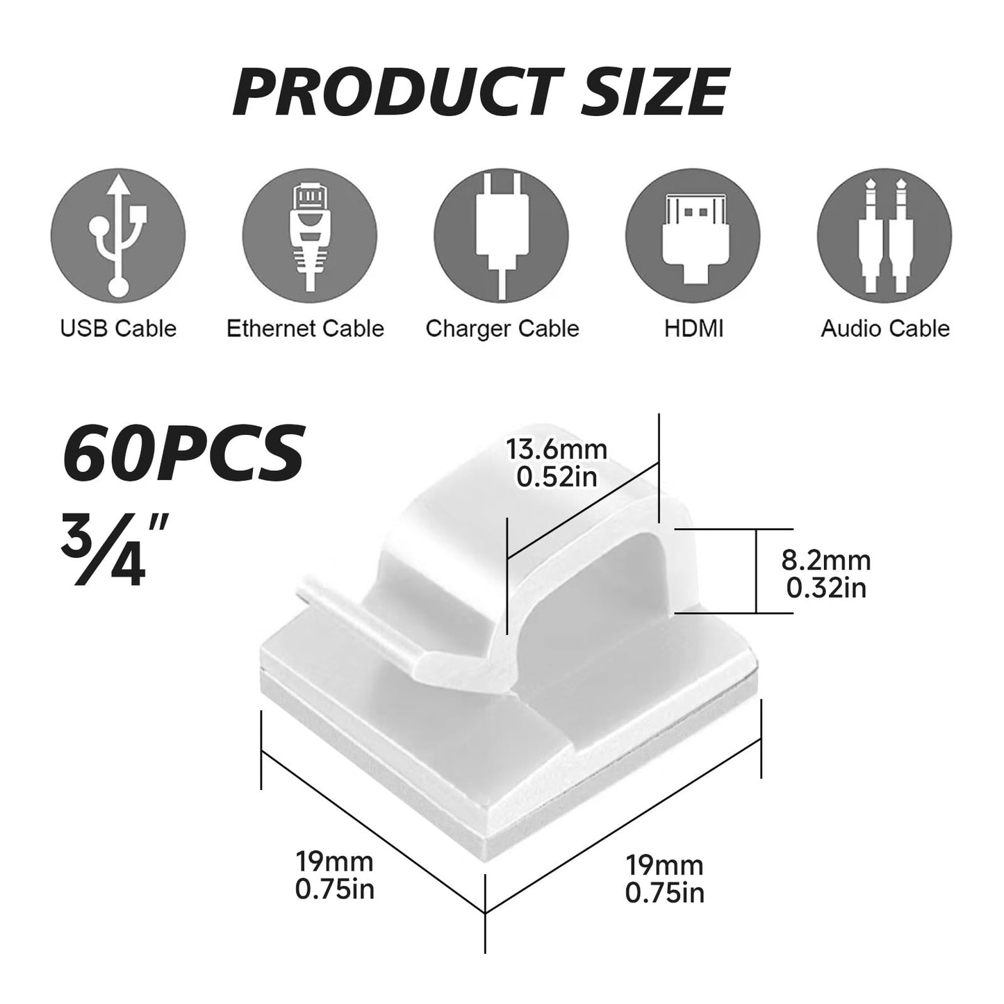 GGFOXLEW 3/4 in Adhesive Cable Clips, 60pcs Outdoor Light Clips, Cord Clips, Sturdy Wire Clips, Finisher Wire Clamp for Home, Car, Office Wire