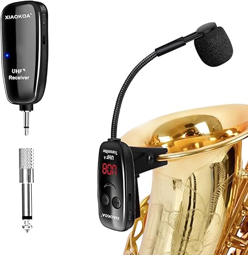 XIAOKOA Wireless Microphone for Saxophone, UHF Wireless Microphone for Musical Instruments, Wireless Receiver and Transmitter for