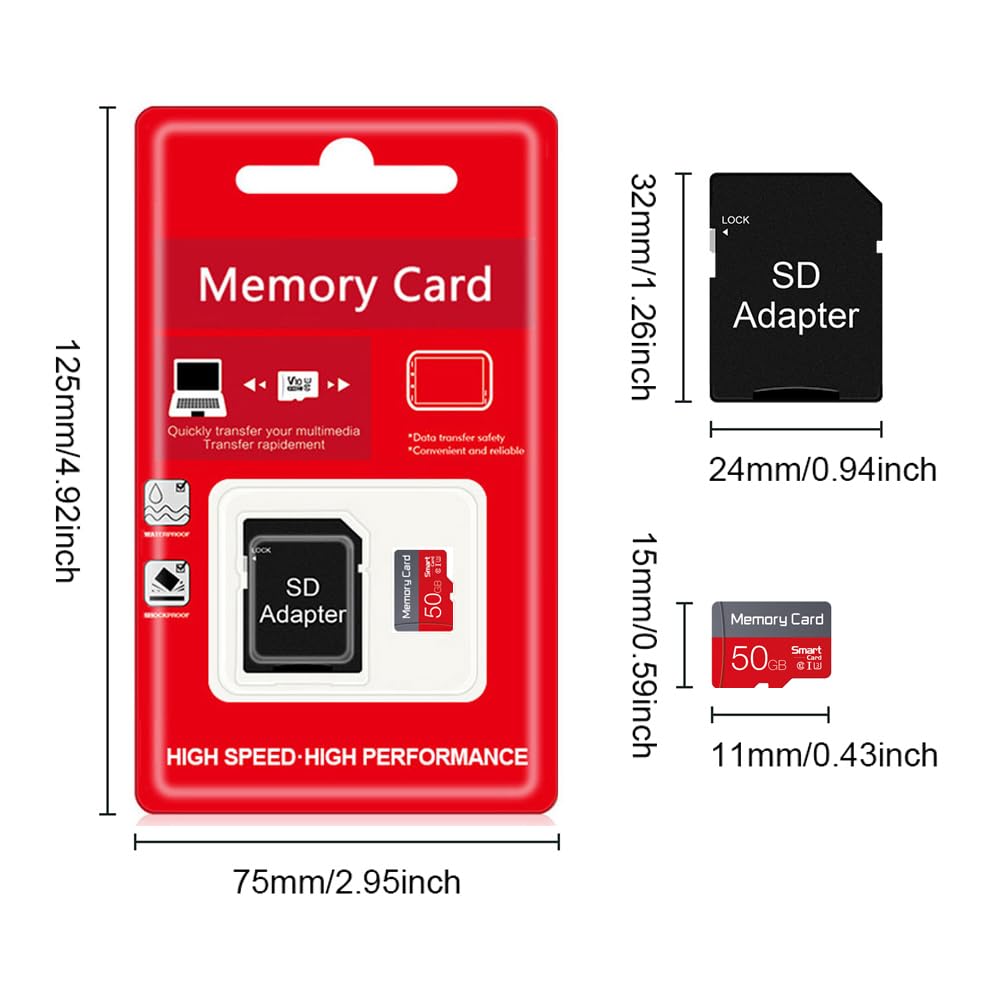 50GB TF Card with SD Adapter, C10 U3 Ultra High Speed Flash SD Card TF Memory Card