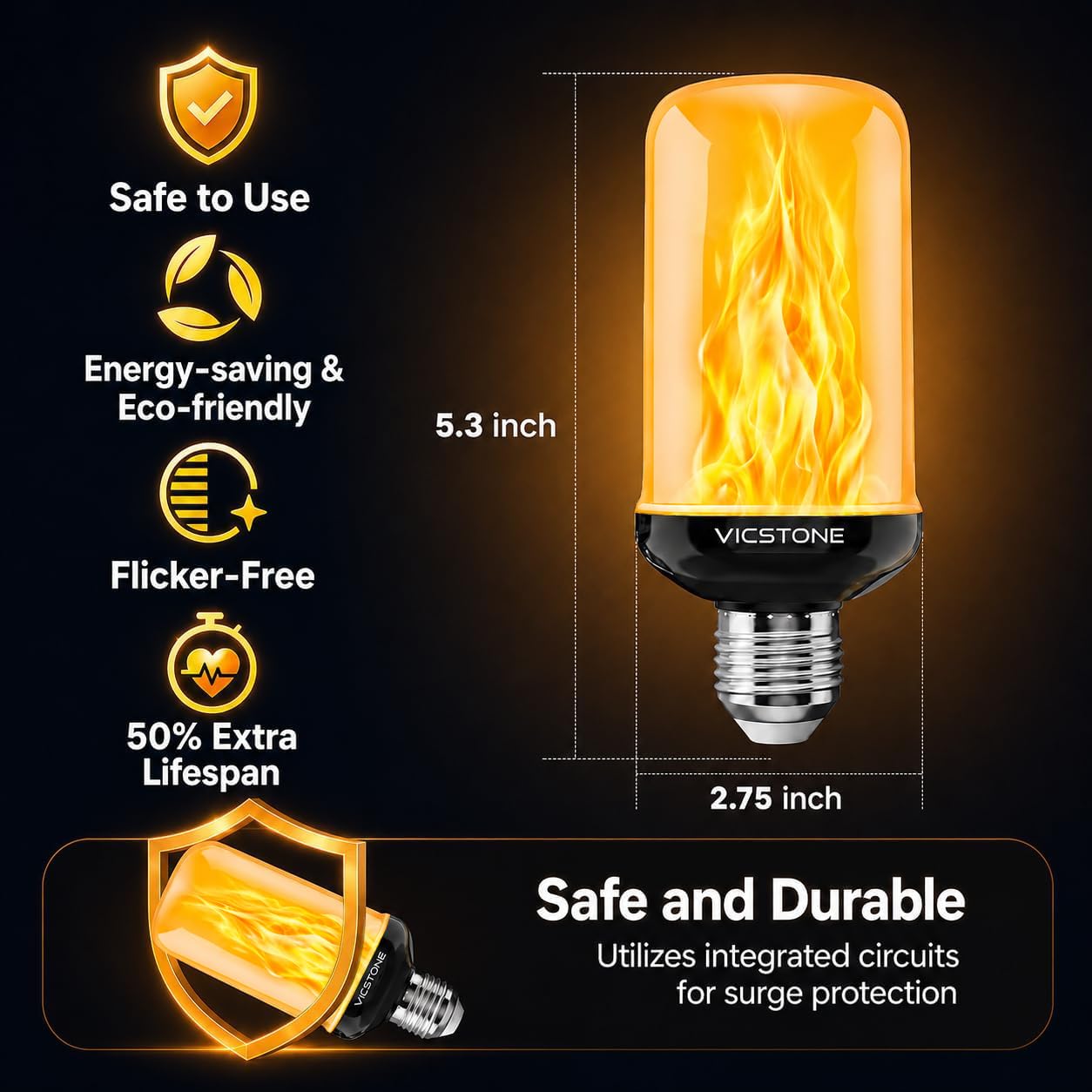 Vicstone Upgraded E26 Dusk to Dawn Flame Light Bulbs Outdoor, 4 Modes