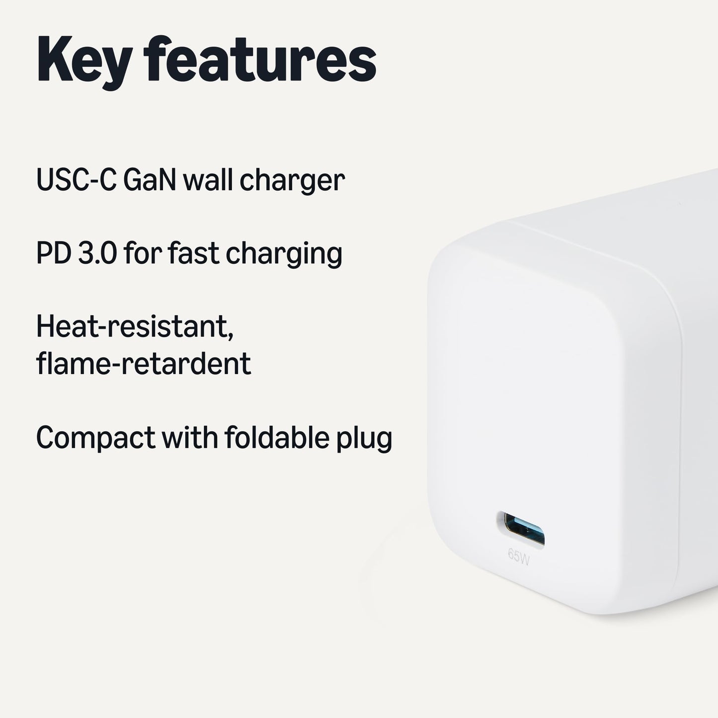 Amazon Basics 65W Fast Charging USB-C Nano GaN Wall Charger, 1-Port PD 3.1 for Laptops, Tablets, Phones, White