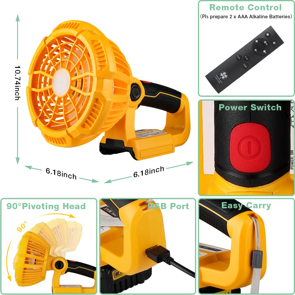 Zinkiwayr Cordless Portable Fan Compatible with Dewalt 14.4V-20V Battery Camping Fan with 300LM LED Light&USB Port