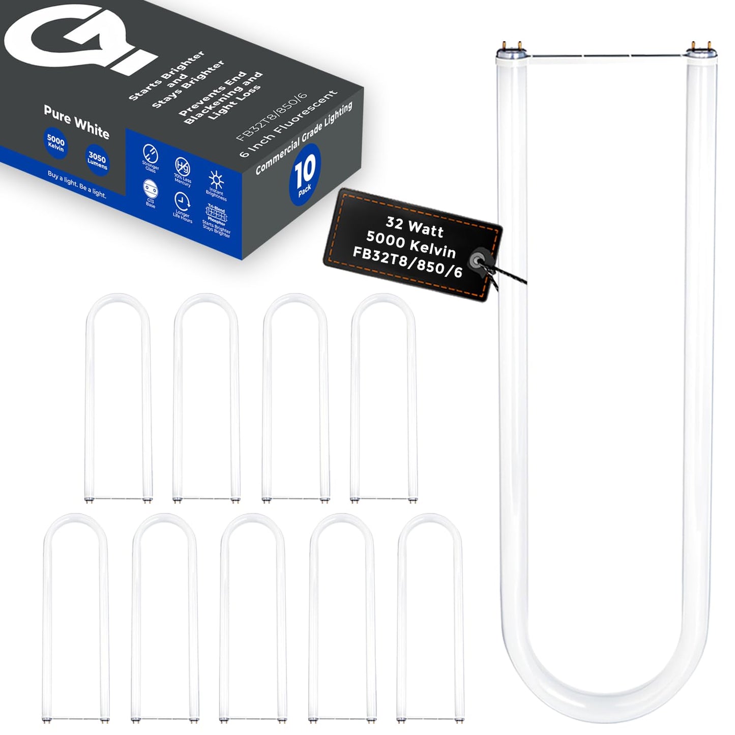 GoodBulb 32W T8 U Bend Fluorescent 6" Tube, 5000K Daylight Medium Bi-Pin Base, 3050 Lumens 85 CRI 24000 Life Hours 32 Watts, Car Dealership Lighting