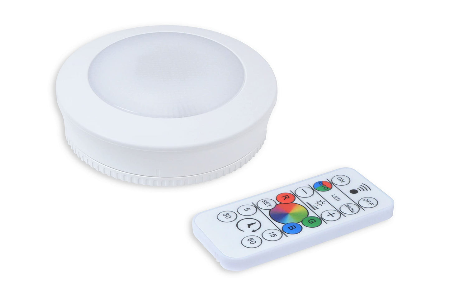 Ecolight 3.5in Battery-Operated LED Puck Light - White, RGB and 400K White, Magnetic, Tap on/Off, auto Timer with IR Remote