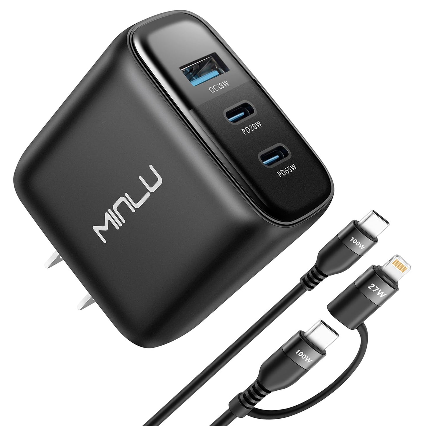 MINLU 65W USB C Charger Block,GaN 3-Port Compact Fast PPS Type C Wall Charger with 6Ft 100W 2 in 1 USB-C/L Cable,Fast Charging for MacBook