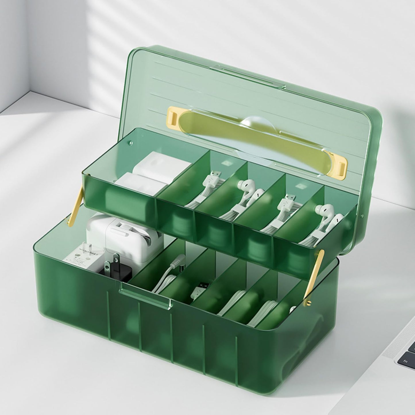 Atathro Double Layer Cable Organizer Box for Charging Cables, USB Wires, Adapters, Earphones & Small Electronics Accessories - Includes Cable Ties &