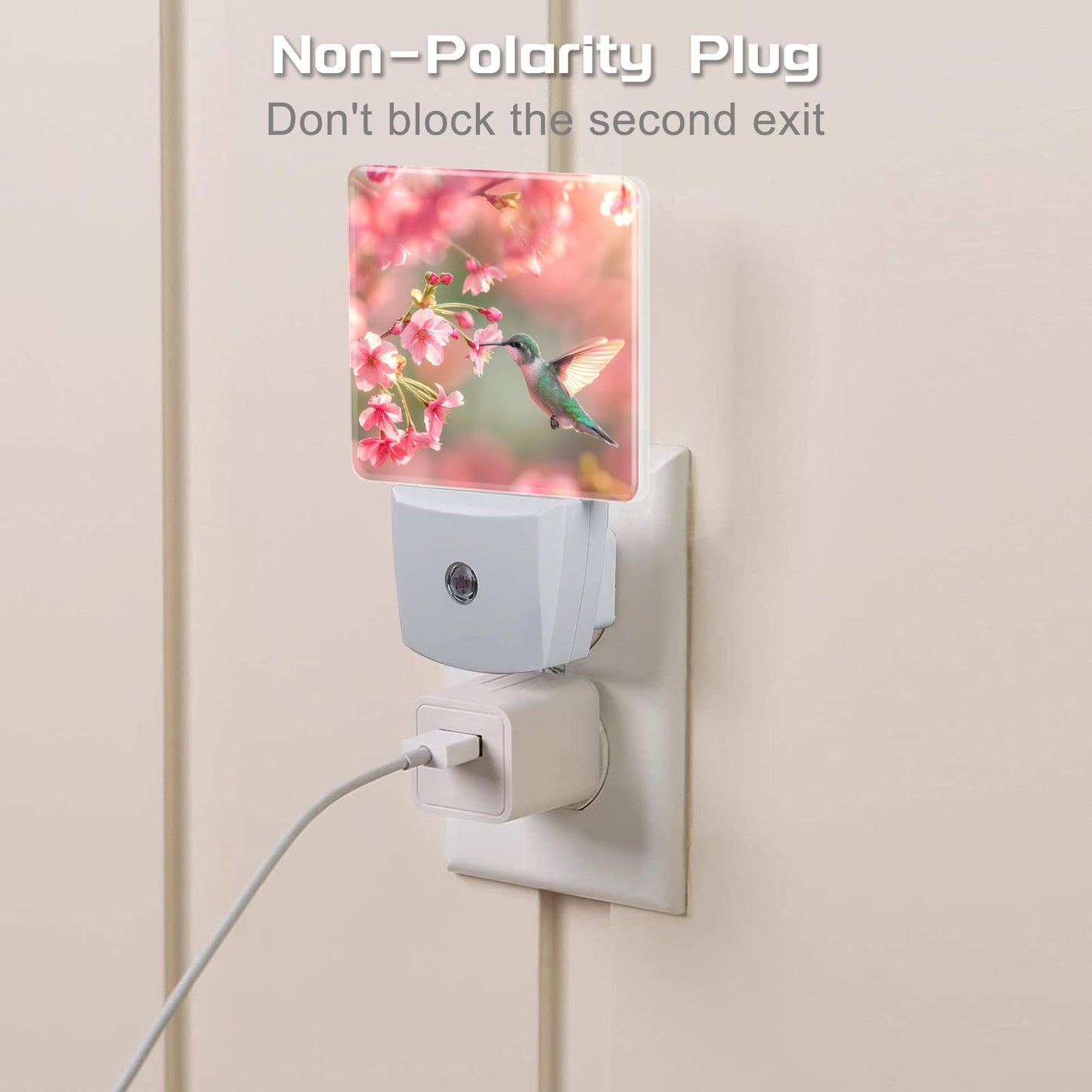 sndheke Hummingbird with Cherry Blossoms Night Light Plug into Wall, Pink Flowers Bird Dusk to Dawn Night Light Plug in,0.5w Energy Saving Sleep