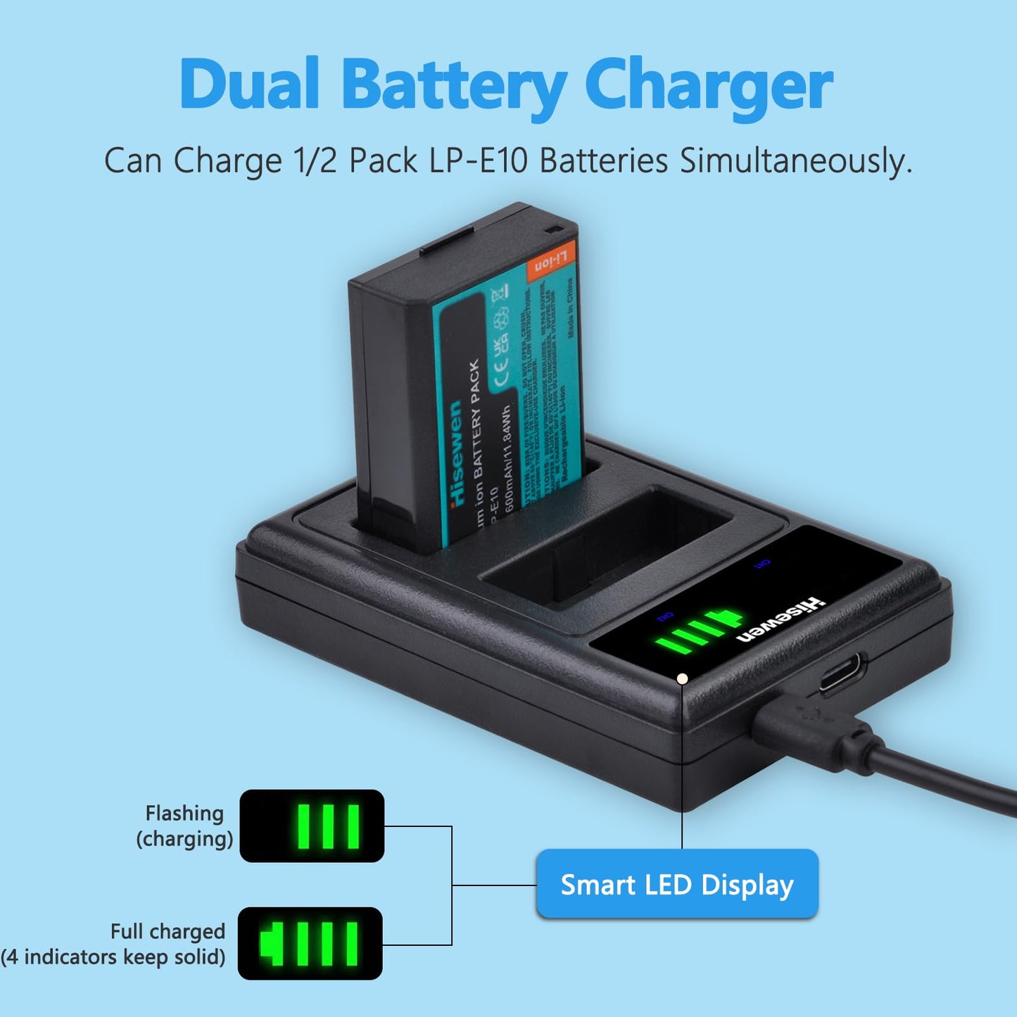 Hisewen LP-E10 Battery 2 Pack 1600 mAh and Dual Charger for Canon EOS Rebel T7 T6 T5 T3 T100 Kiss X90 X80 X70 X50 1100D 1200D 1300D 1500D 2000D 3000D