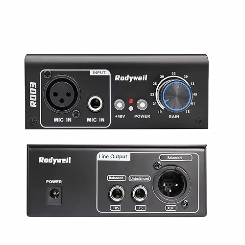 Rodyweil Mic Preamp with 19 ~ 75db Adjustable Gain Boost Balaneced Line Out and 48V for Dynamic, Condenser,Ribbon Microphone, Audio Interface, Audio