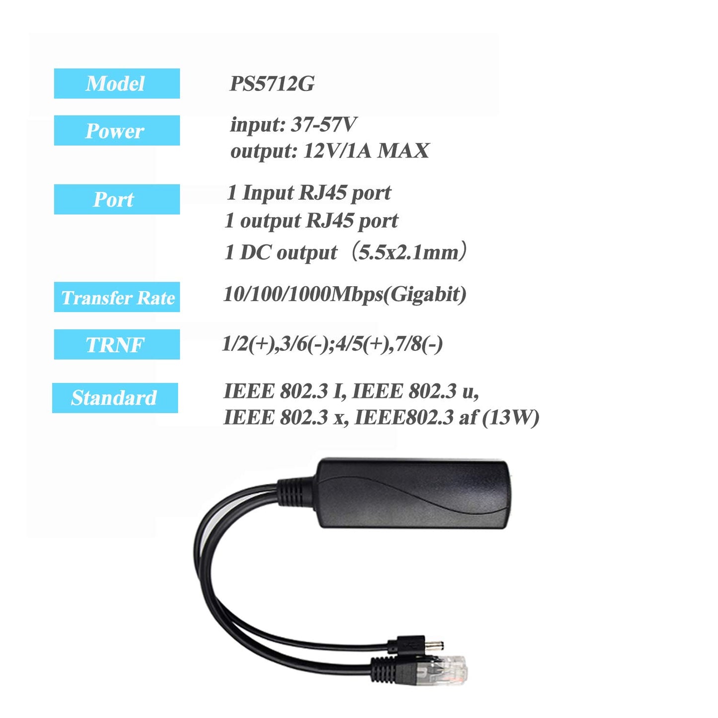 Gigabit PoE Splitter 12V 1A Output, IEEE 802.3af Standard Compliant 10, 100, 1000Mbps Power Over Ethernet Splitter Adapter for Security Camera CCTV