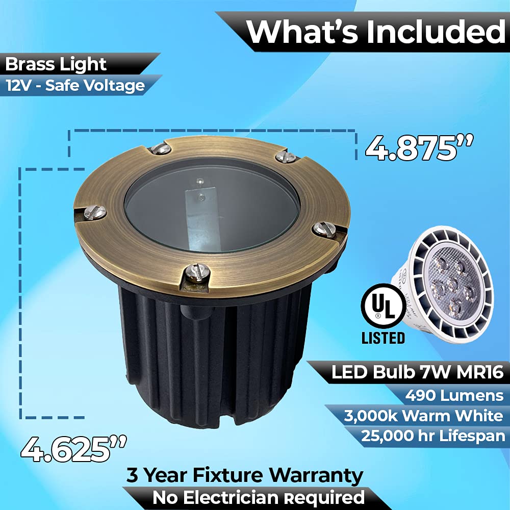 LED Spot Lights Outdoor Landscape Lighting Well Lights 173 - Solid Brass In Ground Light with 7W LED Bulb Security Landscape for Bright Long Lasting