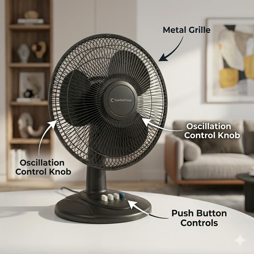 Comfort Zone Oscillating Table Fan with Adjustable Tilt, Convenient Push Button Controls, Quiet, 12 inch, 3 Speed, Desk Fan, Airflow 7.25 ft/sec