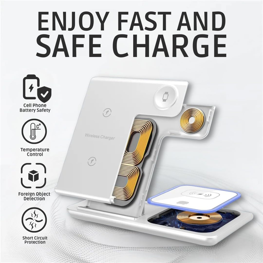 15W Foldable Travel Wireless Fast Charger for Apple | Charging Station 3 in 1 Charging for iPhone17 16 16E 15 14 13 12, Apple Watch 11 10 9 8 7 6 5 4