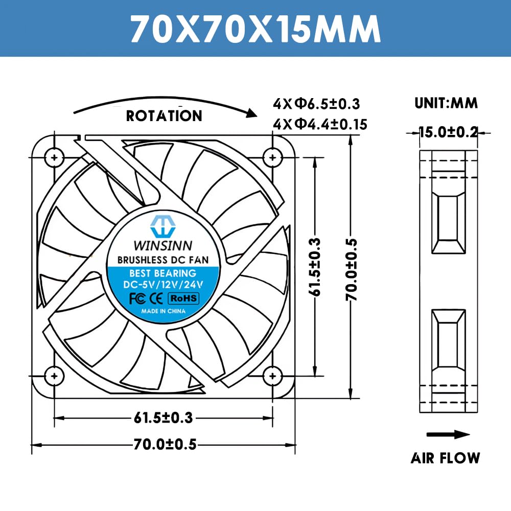 WINSINN 70mm 12V Fan - Dual Ball Bearing 4500 RPM 7015 Cooling Fan Replacement for PC/Computer Case/CPU Cooler, 30cm Cable with XH2.54-2PIN, Brushless