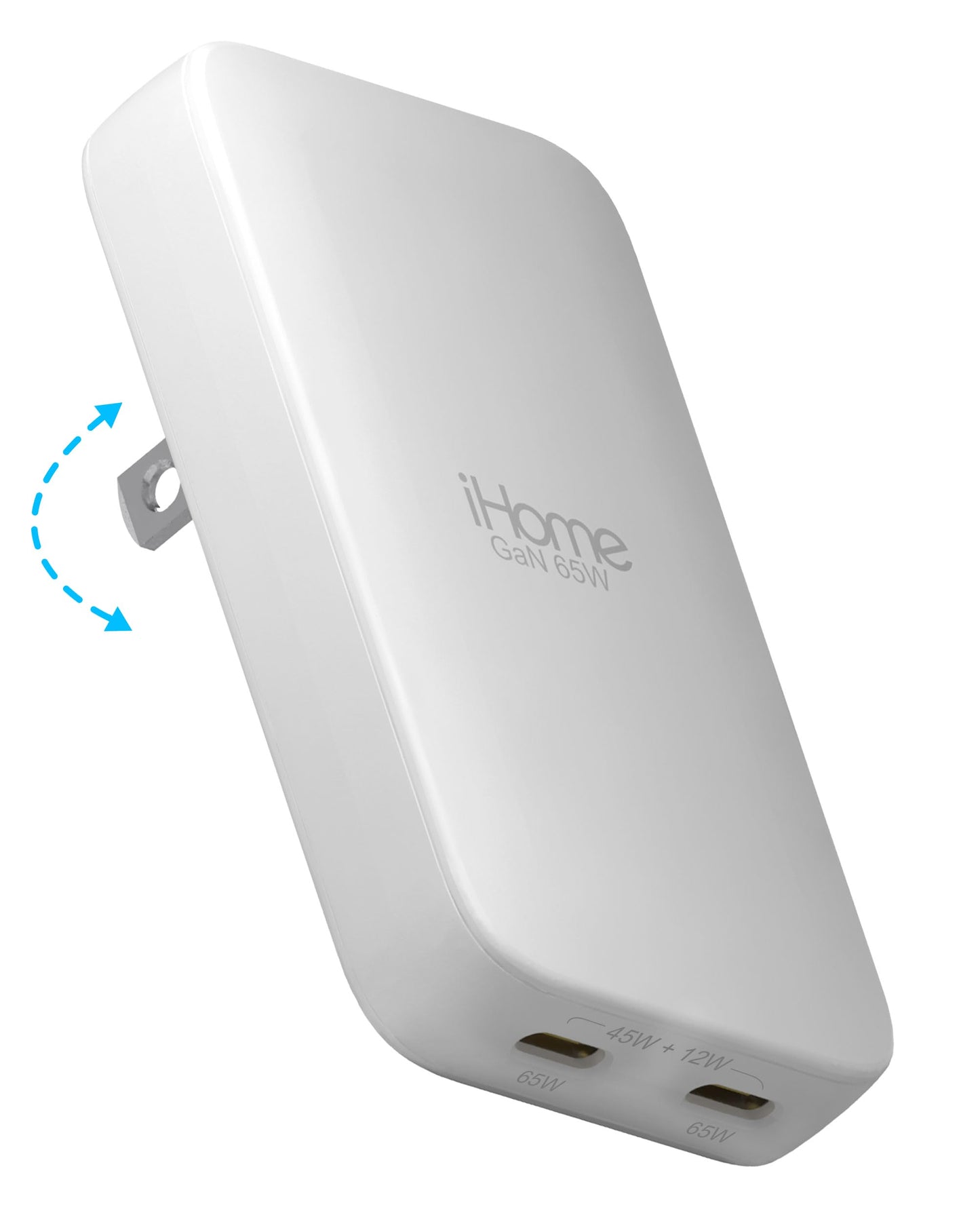 iHome GaN Universal Charger, USB C Block with Power Delivery, Folding Prongs, Travel Friendly, Compact for Phone, Tablet, and USB-C Devices (White