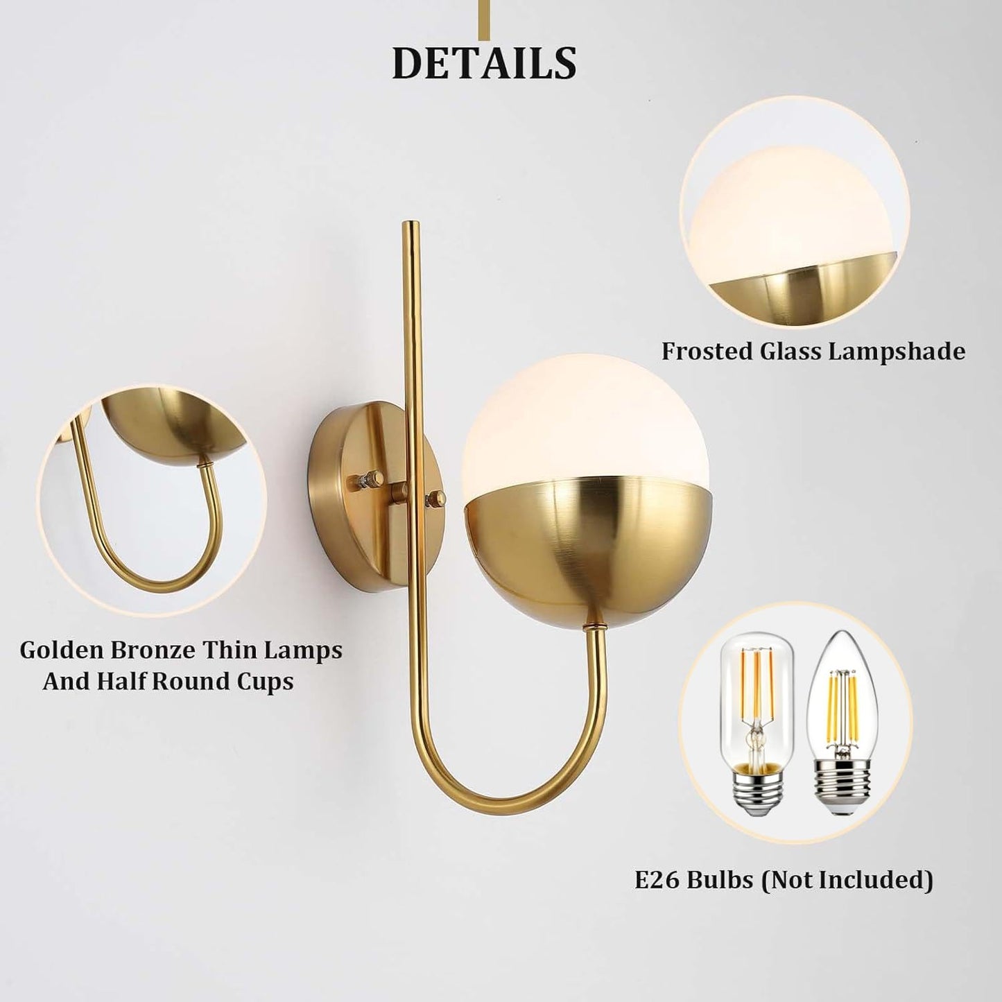 Cuaulans Brass Gold Globe Wall Sconce, Mid Century Modern Wall Sconce, Wall Mount Light Fixture with Frosted Glass Shade for Bathroom Bedroom Hallway