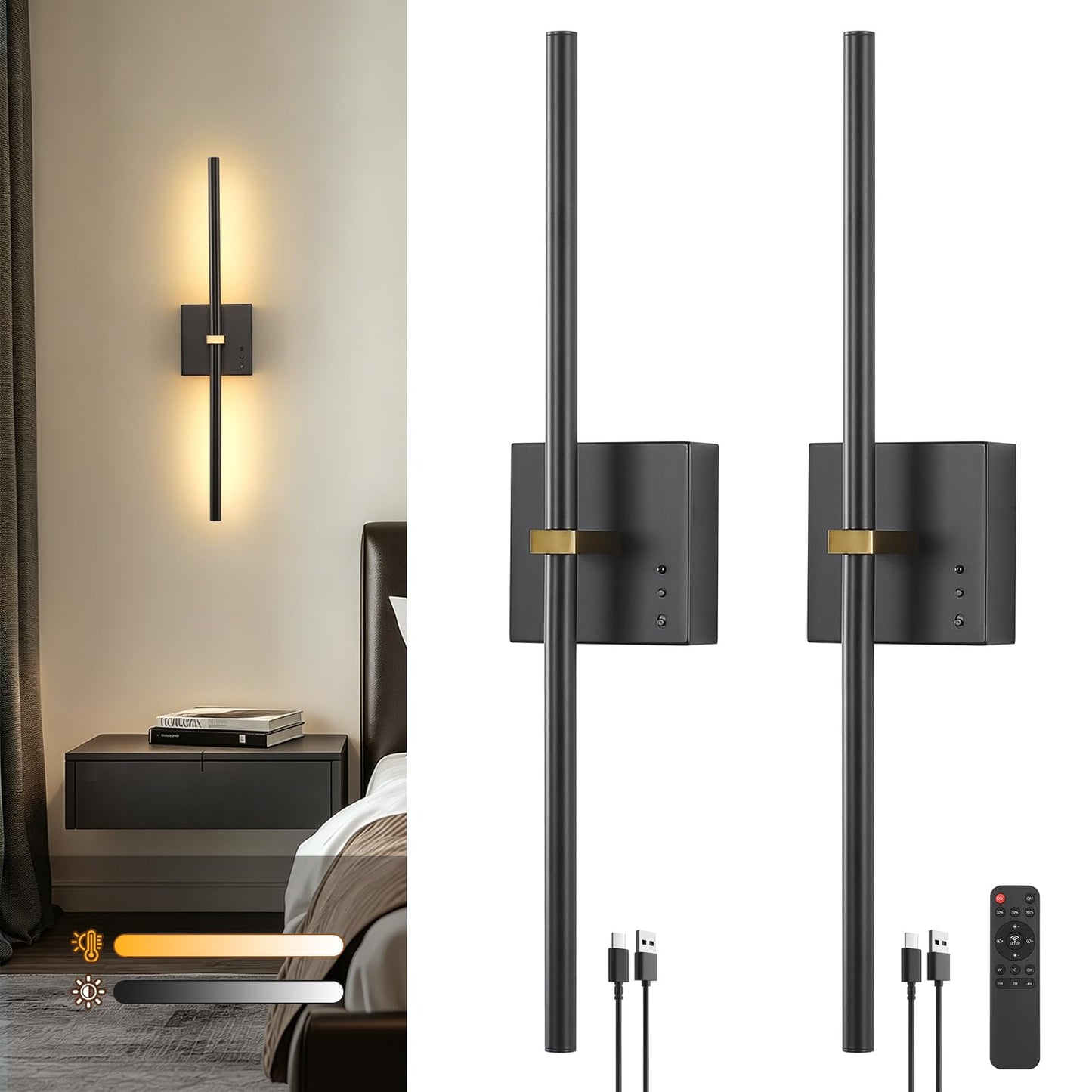 Joossnwell Battery Operated Wall Sconces Set of 2, Rechargeable Wall Light Wireless with Remote, Modern Wall Lamp 360° Rotate, Black 3CCT Sconce Wall