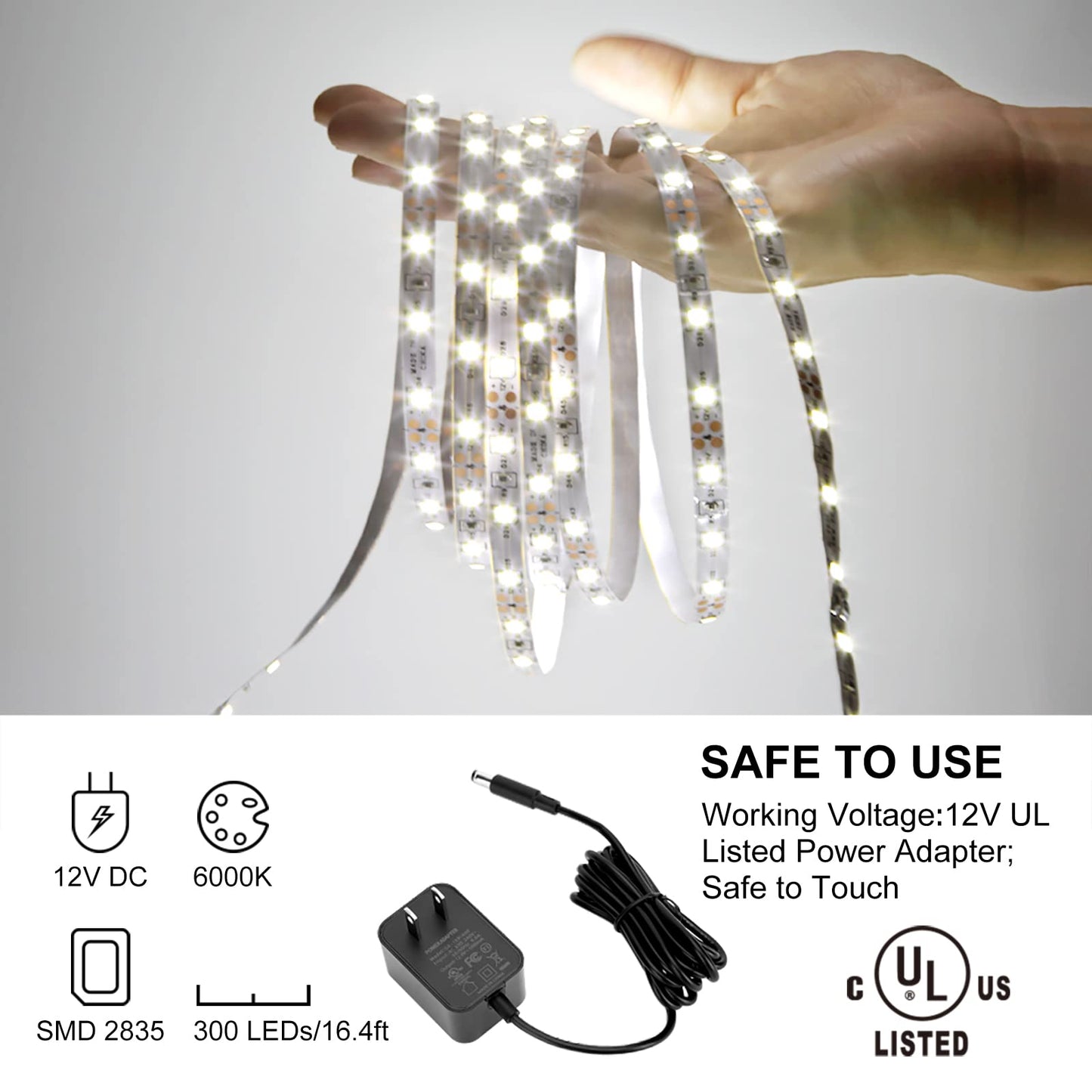 KOPMHYE 5M Dimmable LED Strip Lights Kits, 12V Tape Light, 300 2835 LED, 16.4ft 6000K Daylight White Ribbon with Power Adapter, Light Strips for Under