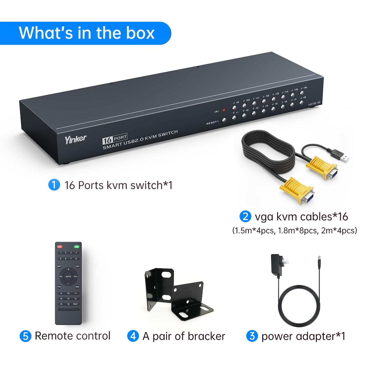 Yinker 16 Port KVM Switch VGA, Rack Mount KVM Console VGA 16x1 w/16-Pack KVM Cables IR Remote & Rack Mount Ears Support HD 1U 19'' Rack Cabinet