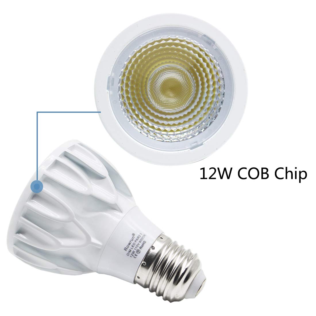 Rowrun PAR20 12W Narrow Flood LED Bulb E26 Dimmable 24° 6000K 2-Pack