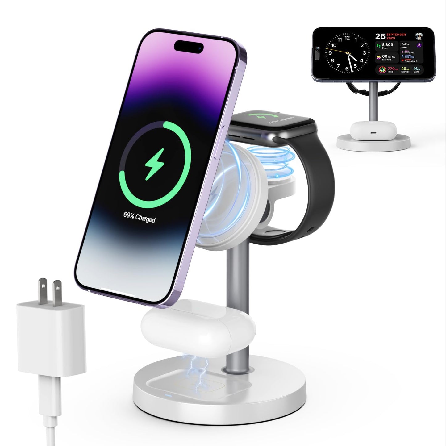 3 in 1 Wireless Charging Station Compatible with MagSafe, 15W Fast Charging Magnetic Mag-Safe Charger Stand for Apple iPhone 17 16 15 14 13 12Series