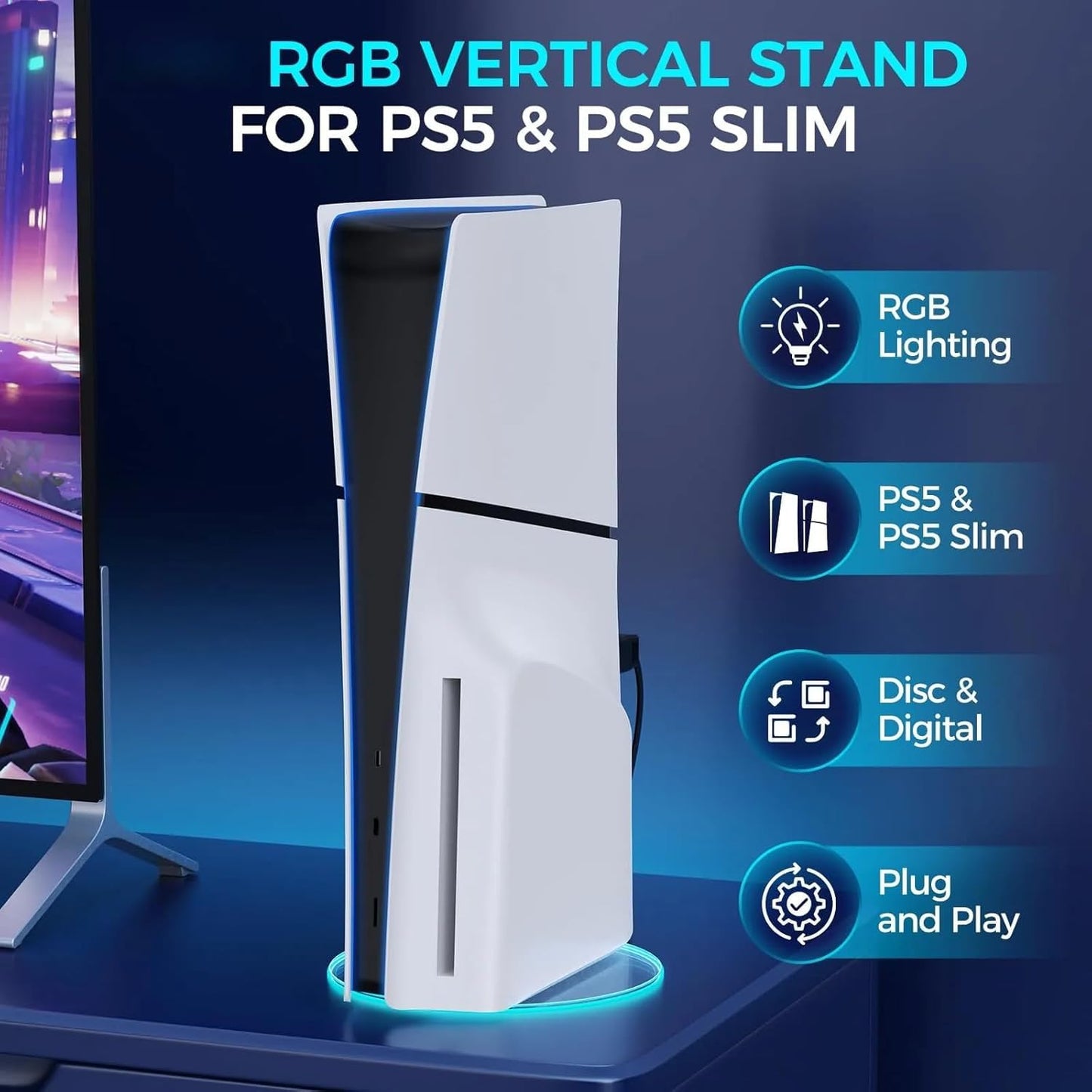 SALYMECONY PS5 Vertical Stand Compatible with PS5 Slim/Digital/CD Version, Base Bracket Accessories with 7 RGB Lights for PlayStation 5 Pro