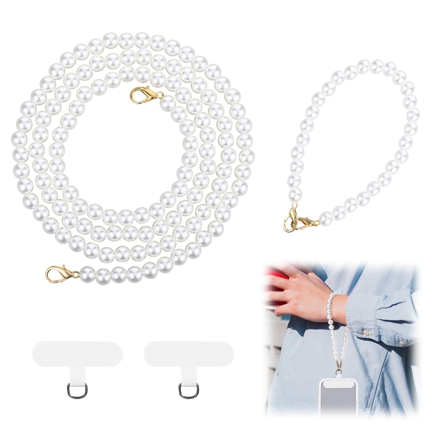 2 Pcs Pearl Phone Lanyard Crossbody, Beaded Pearl Crossbody Phone Strap, Anti-Theft Detachable Pearls Cell Phone Lanyard Wrist Strap, Pearls Phone