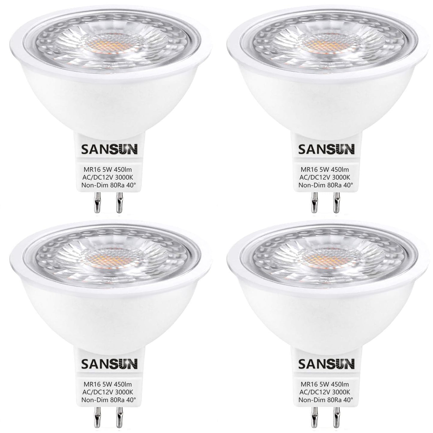 SANSUN 5W MR16 LED Landscape Light Bulbs, Low Voltage 12V Outdoor Landscape Spotlight and Indoor Track Light, GU5.3 Bi-Pin Base, Soft White 3000K