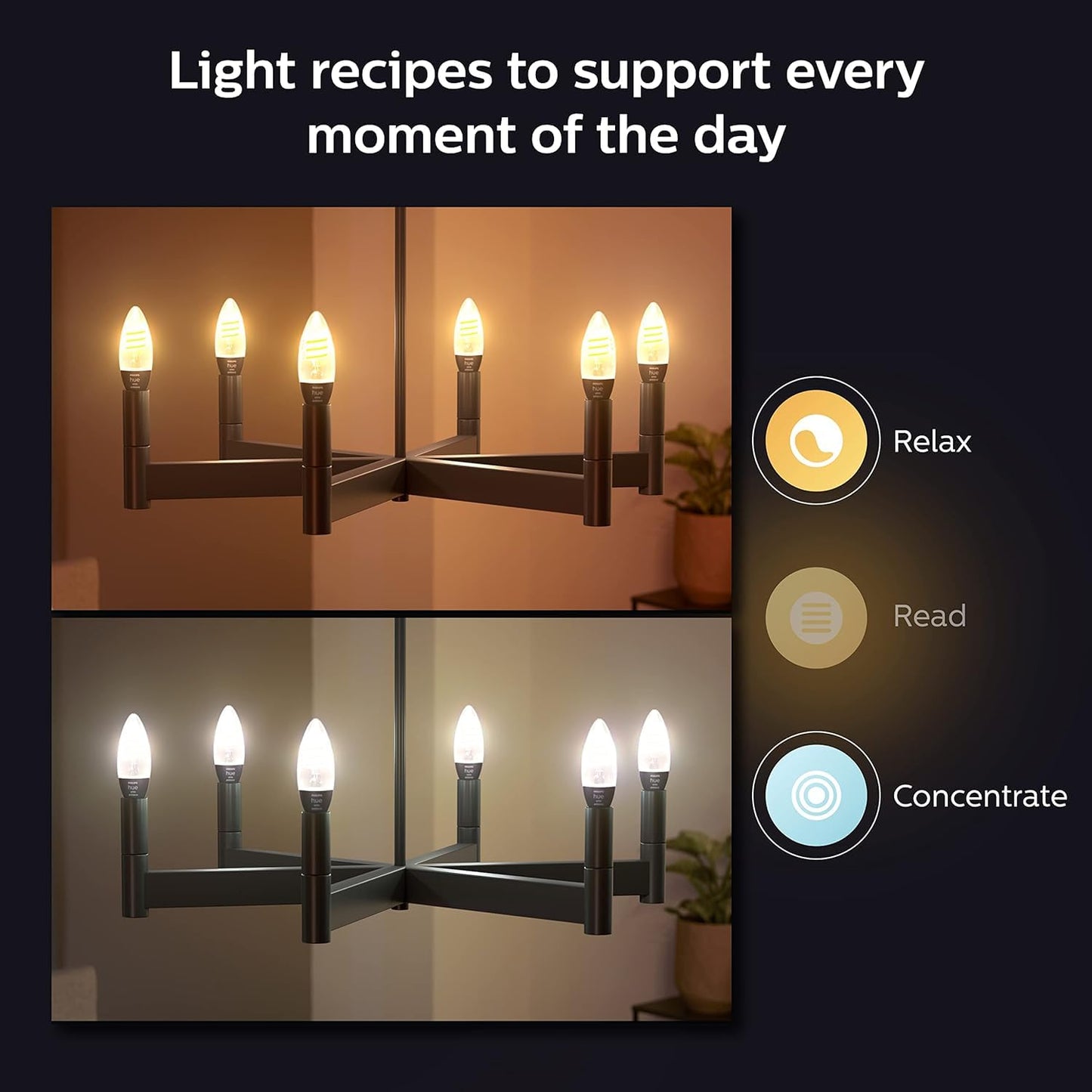 Philips Hue Smart 40W Candle-Shaped Filament LED Bulb - White Ambiance Warm-to-Cool White Light - 2 Pack - 350LM - E12 - Indoor - Control with Voice