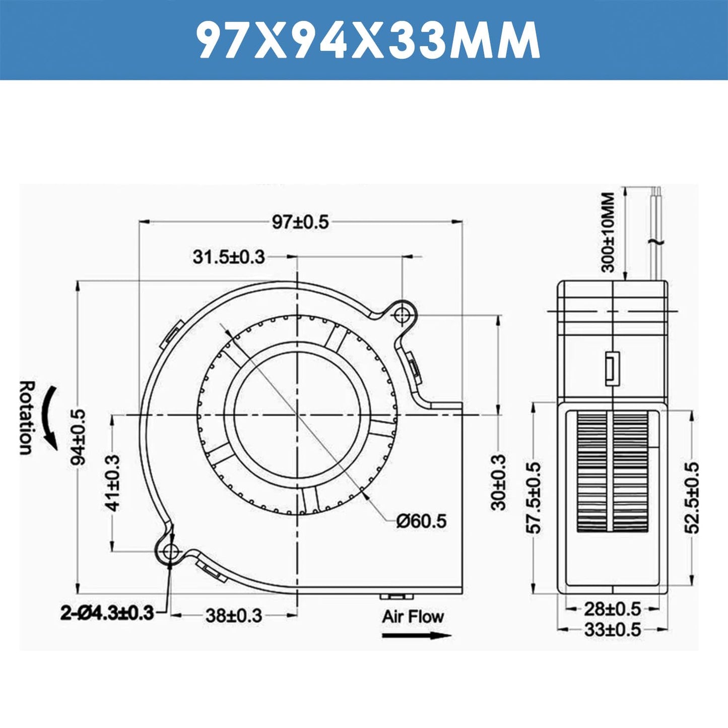 WINSINN DC 97mm Blower Fan 12V 9733 Dual Ball Bearing Brushless Cooling Turbine Turbo 97x33mm 2PIN