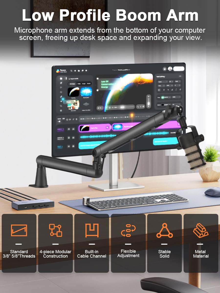 BOSEEN Low Profile Mic Arm Stand,Adjustable Desk Clamp Mic Boom Arm with 360°Swivel and Detachable Rise Column?Built-In Cable Management,with Mic Clip