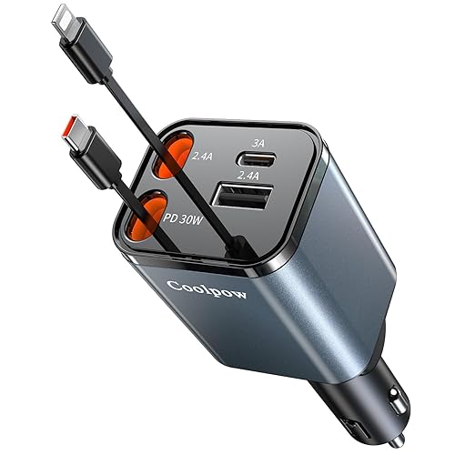 Retractable Car Charger, 4 in 1 USB C Car Charger Fast Charging?Durable Material? 69W Car Phone Charger Adapter with 2 Retractable Cables and USB