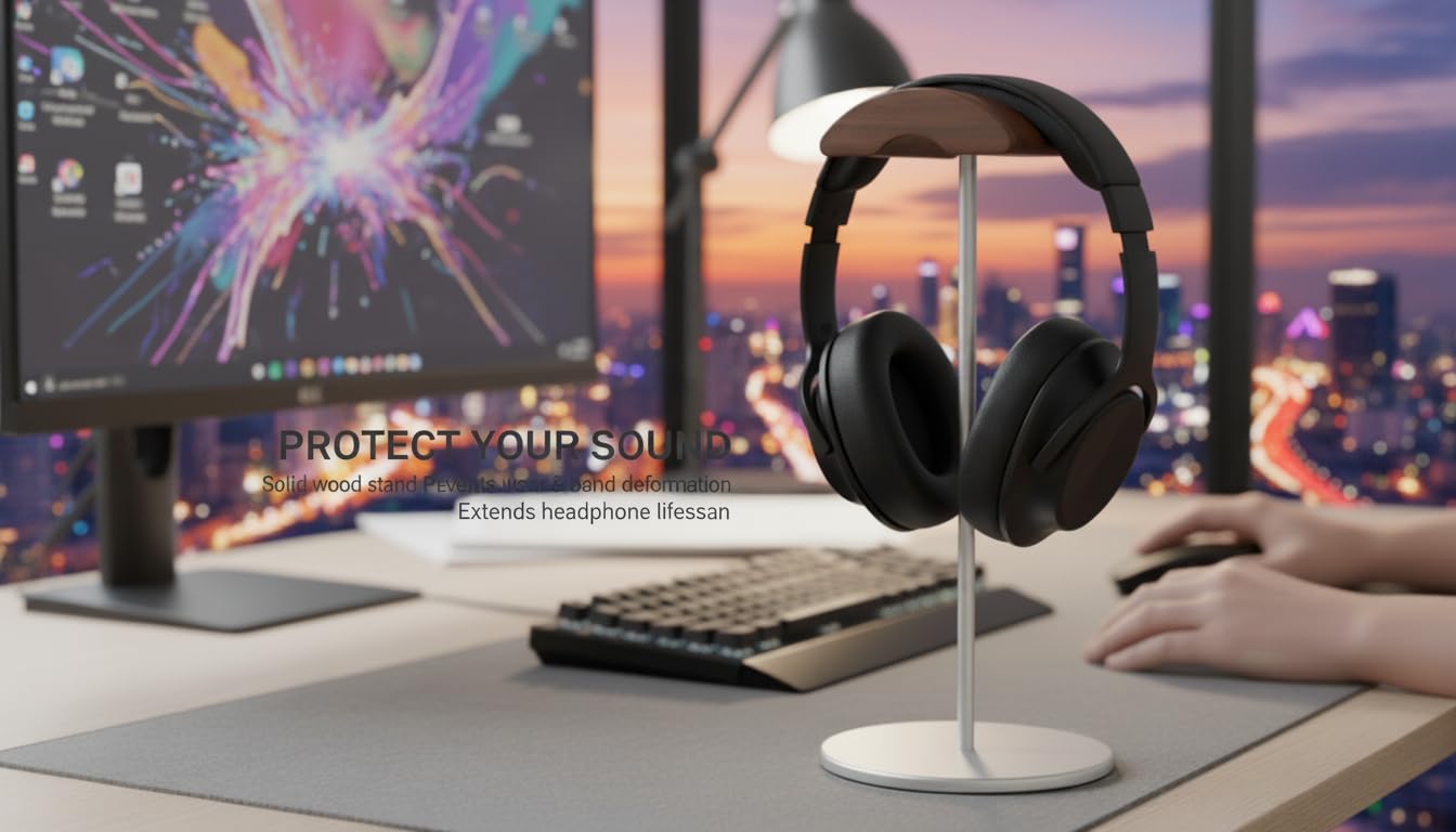 Micool Headphone Stand, Aluminum & Wood Holder with Heavy Stable Base, Universal Gaming Headset Stand for Desk, Compatible with All Over-Ear…