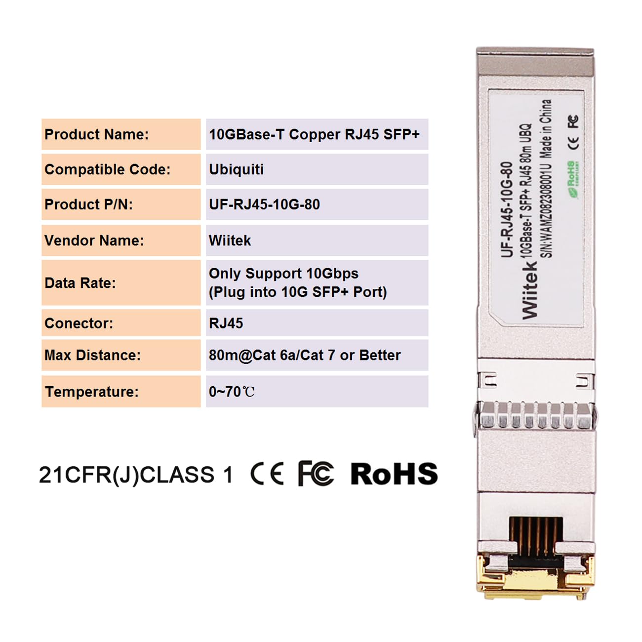 Wiitek 80 Meters, 10G SFP+ to RJ45 Modules, 2.5G/5G/10GBase-T Ethernet Copper RJ45 to SFP+ Transceiver Compatible for Ubiquiti UF-RJ45-10G, Plugin