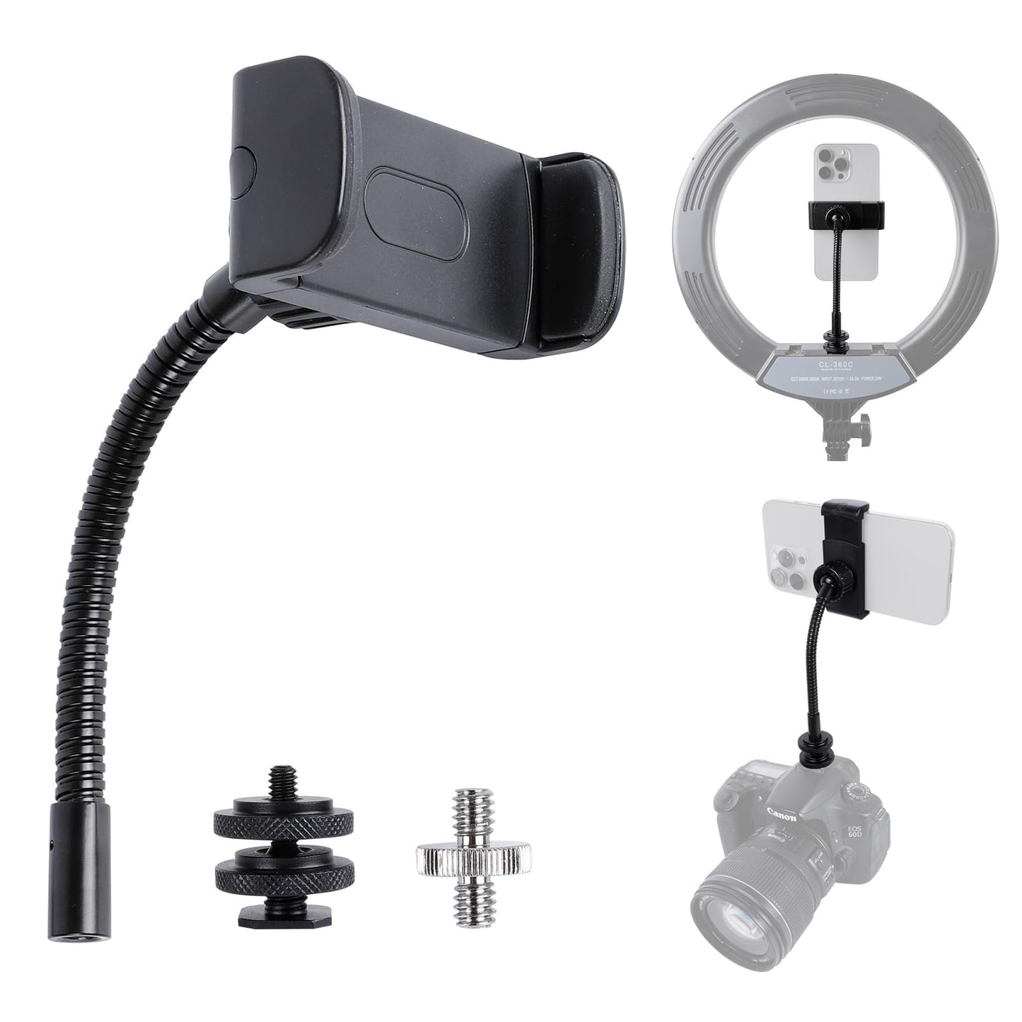 Universal Phone Holder for Ring Light, 1/4"-20 and Hot Shoe Adapter, Flexible Phone Mount for Ring Light and Tripod Stand Replacement