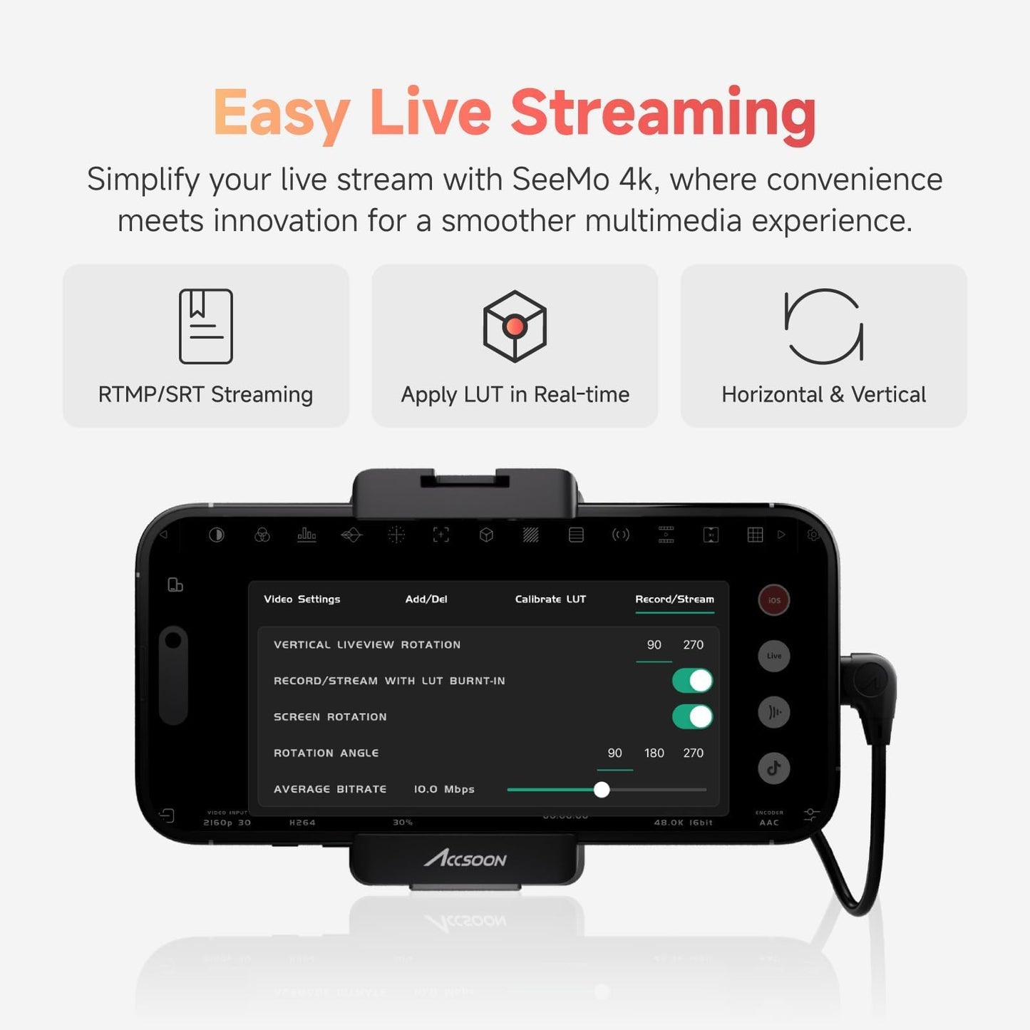 Accsoon SeeMo 4K HDMI Video Transmission for iPhone 17/16/15/14/13 iPad, 4K30/1080p60 Video Camera Transmitter Monitor, Real-time
