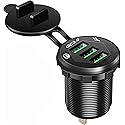 Triple Port QC3.0 Car Charger Socket, 12V/24V 36W USB Charger with 3 Fast Charging Ports, IP66 Waterproof Aluminum Socket Mount for Car Boat RV Marine