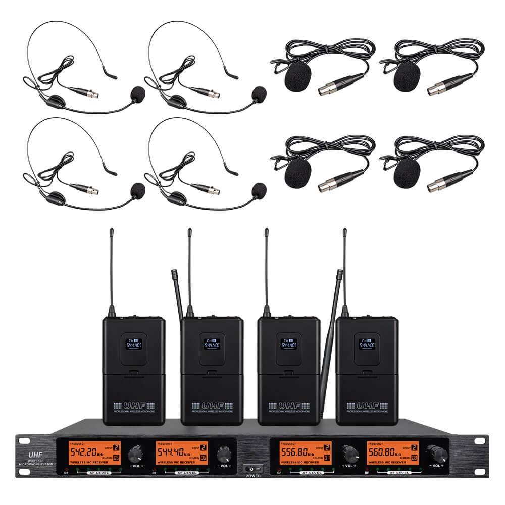 Frequency B Wireless Microphone System 4 Channel 4 Lavalier 4 Bodypacks 4 Lapel Mic 4 Headsets UHF for Karaoke System Church Speaking Conference
