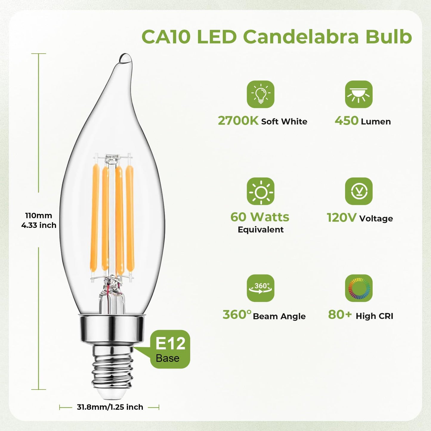Sigalux E12 LED Candelabra Bulb 60 Watt Equivalent, Dimmable Chandelier Light Bulbs 2700K Soft White, CA10 Candle Bulbs for Chandelier, 5W, 450LM, 12