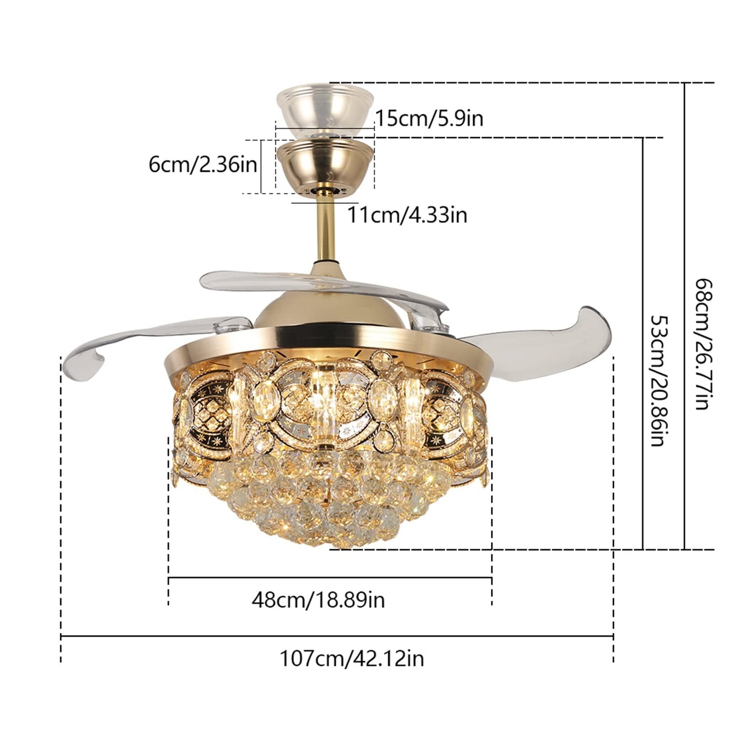 YIYIBYUS 42 Inch Luxury K9 Crystal LED Chandeliers Controller Retractable Ceiling Fans Lighting,Modern Dimmable Pendant Fandelier for Bedroom Living
