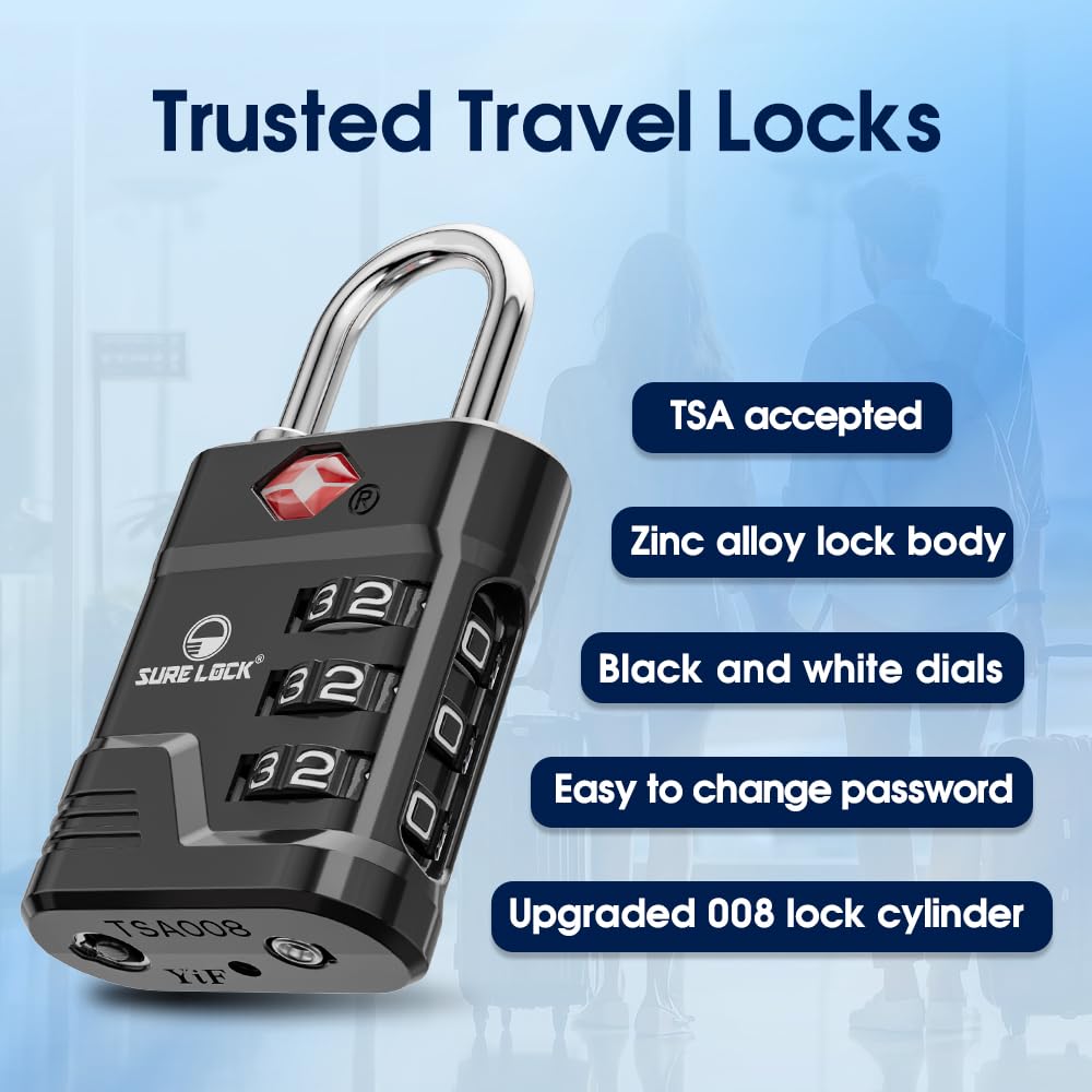 SURE LOCK TSA Approved Luggage Locks 2 Pack – High Security TSA008 with Open Alert, Easy-Read Dials, Zinc Alloy Padlocks for Suitcases & Gym (Black)