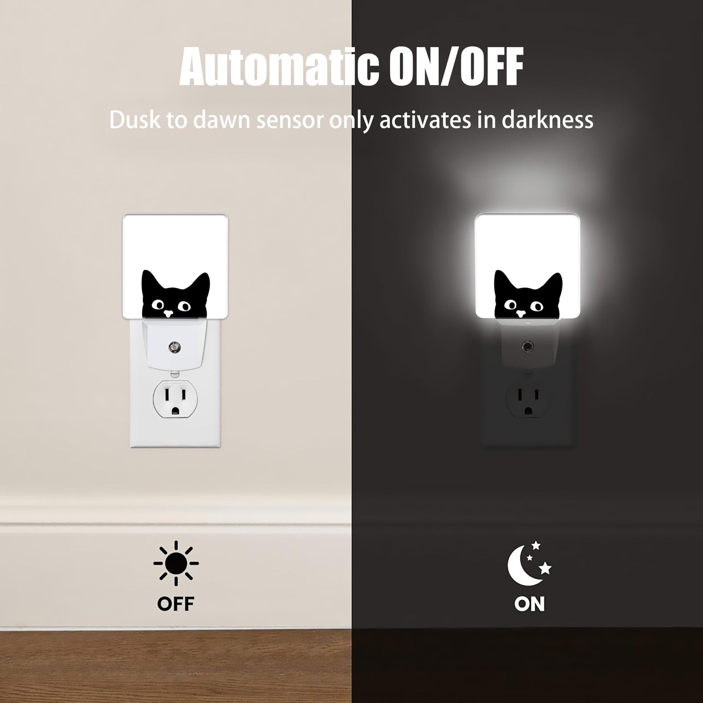 Jopowide Black Cat Cute Dusk to Dawn Night Light, Auto Sensor Lamp Home Indoor Stairway Kitchen Corridor, Night Lights Plug into Wall Decor, Boys