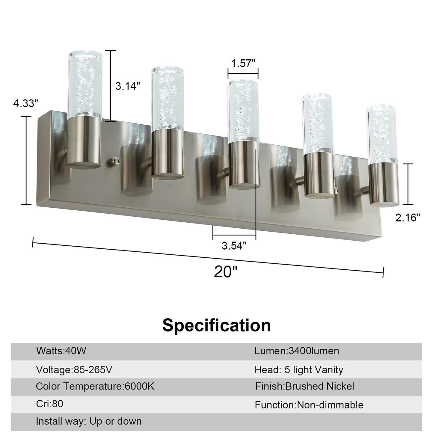 votag 5-Light Bathroom Light Fixtures, Modern Led Vanity Lights 40W 6000K (Non-dimmable) Brushed Nickel Vanity Lights Bathroom Fixture. for Bathroom