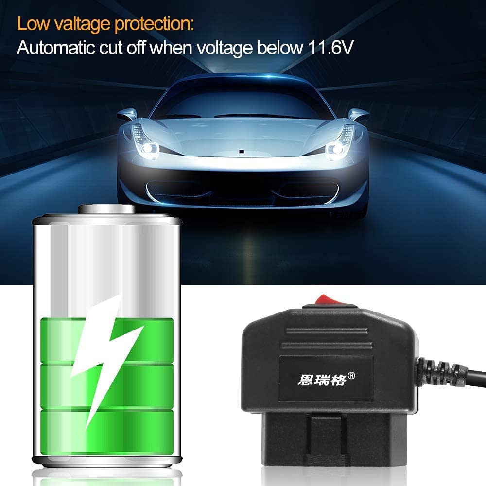 EnruigeOK Universal OBD OBD2 Power Cable for Dash Camera 24 Hours Surveillance/Acc Mode with Switch Button, 3Pin OBDII Adapter Hardwire Charger Cable