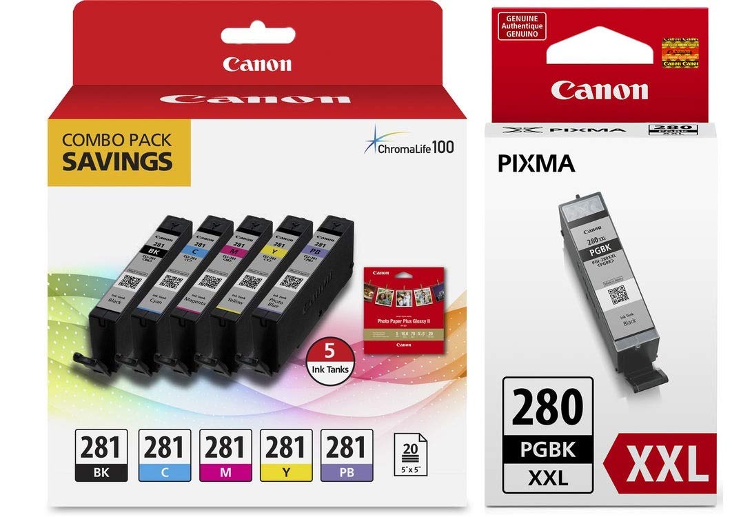 Canon CLI-281 5-Color Ink Tank Combo Pack with 5 x 5" Photo Paper (2091C006) + Canon PGI-280 XXL Pigment Black Ink Tank (1967C001)