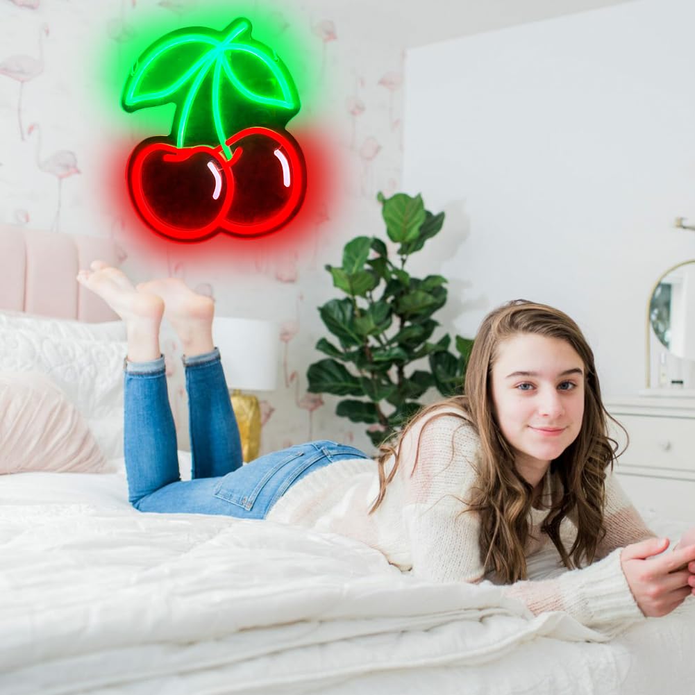 Cherry Neon Sign,Red Cherries Fruit Night Lights for Restaurant,Kids Room,Bedroom,Bar,Fruit Shop,Birthday Party Decor Gifts